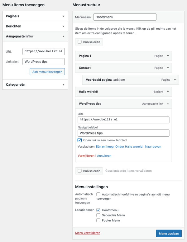 wordpress menu aangepaste link